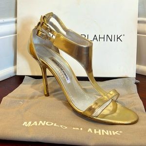 Manolo Blahnik gold metallic strap heels